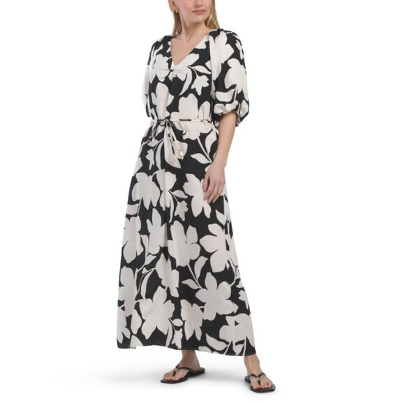 ELLEN TRACY Black Floral Puff Sleeve Floral Maxi Dress - Picture 1 of 2